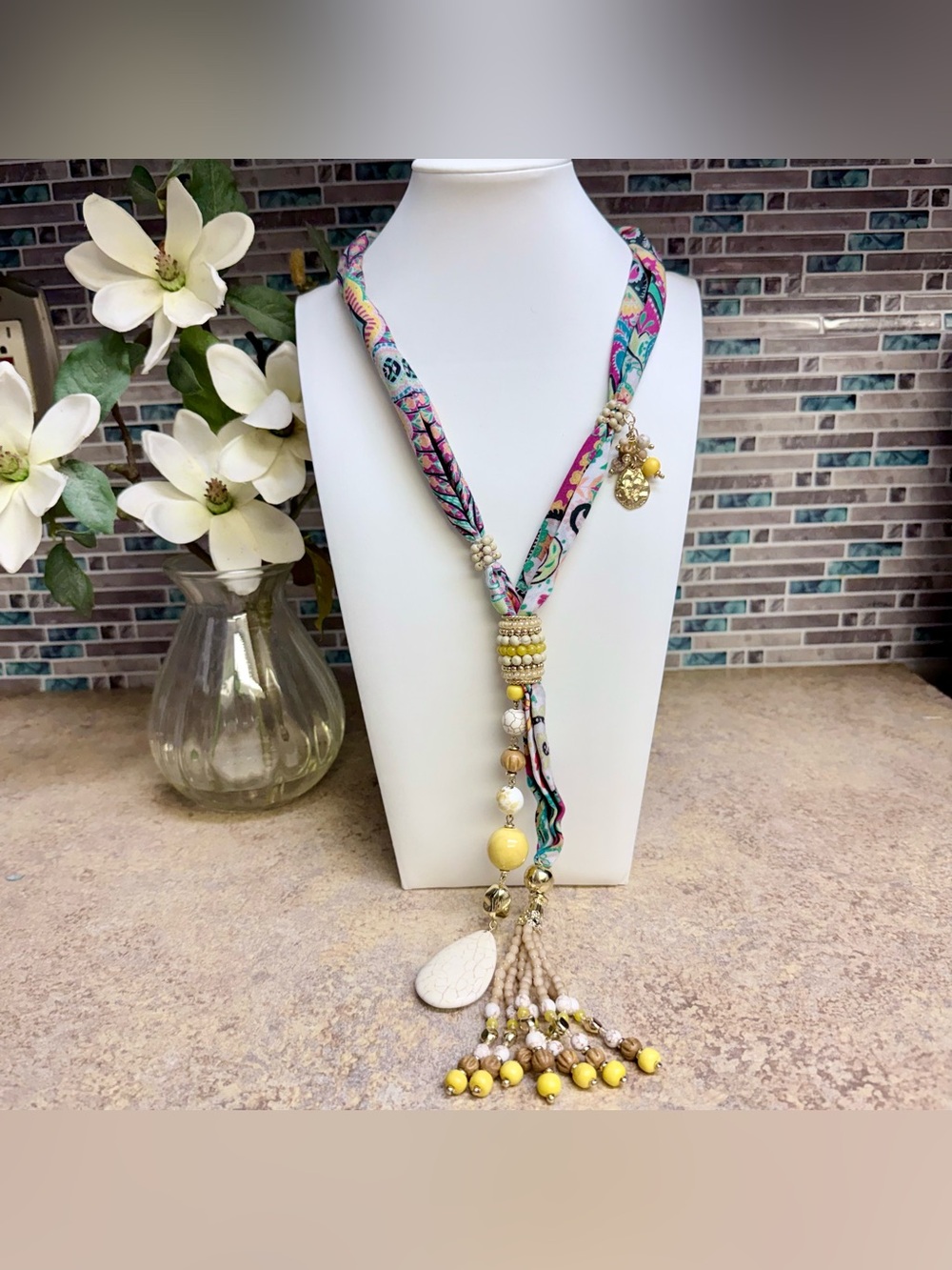 Chico’s Delilah Yellow Beaded Scarf Necklace